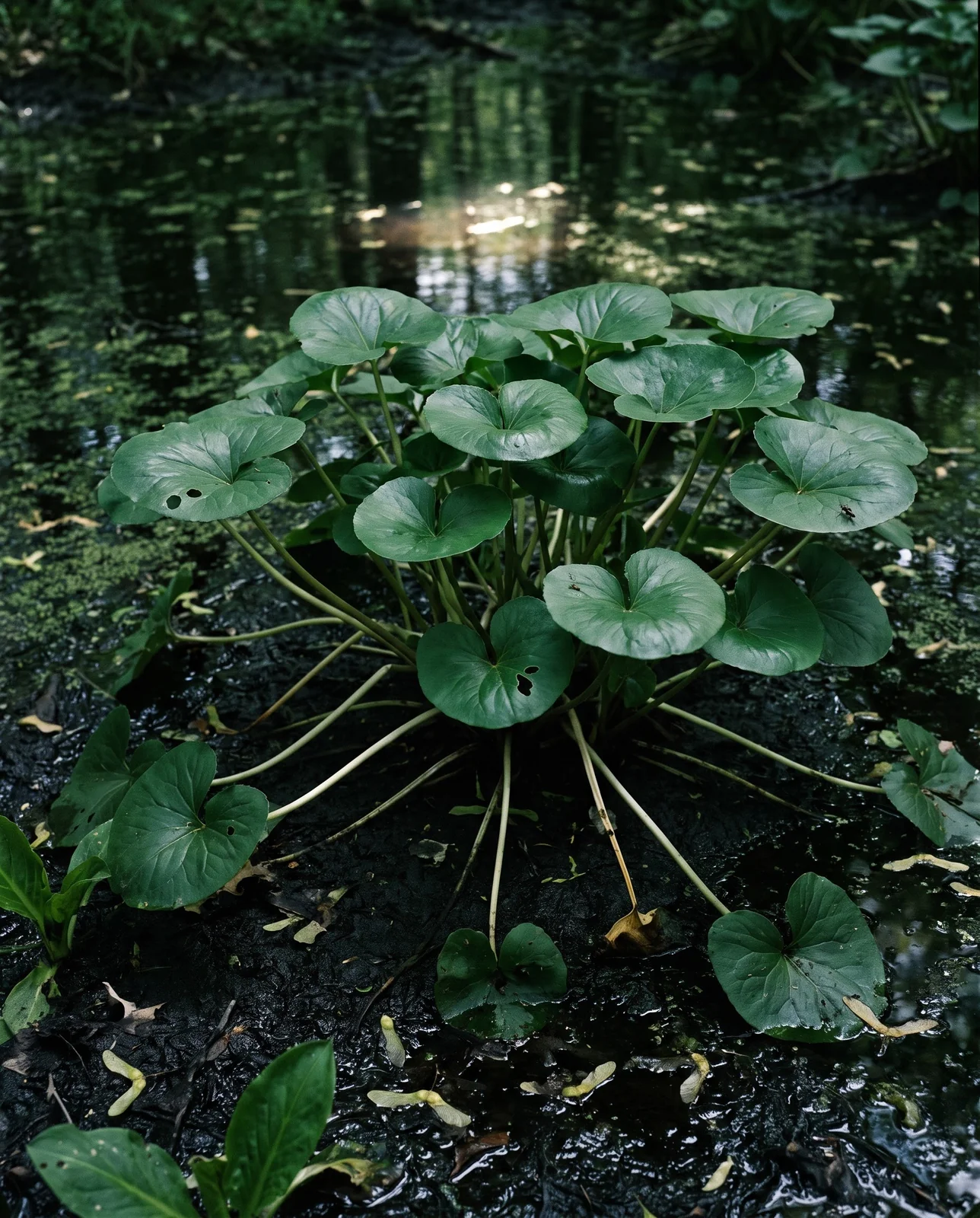 A large leafy marsh marigold clump with no flowers at all under the dense shade of red maples in a swamp in late spring