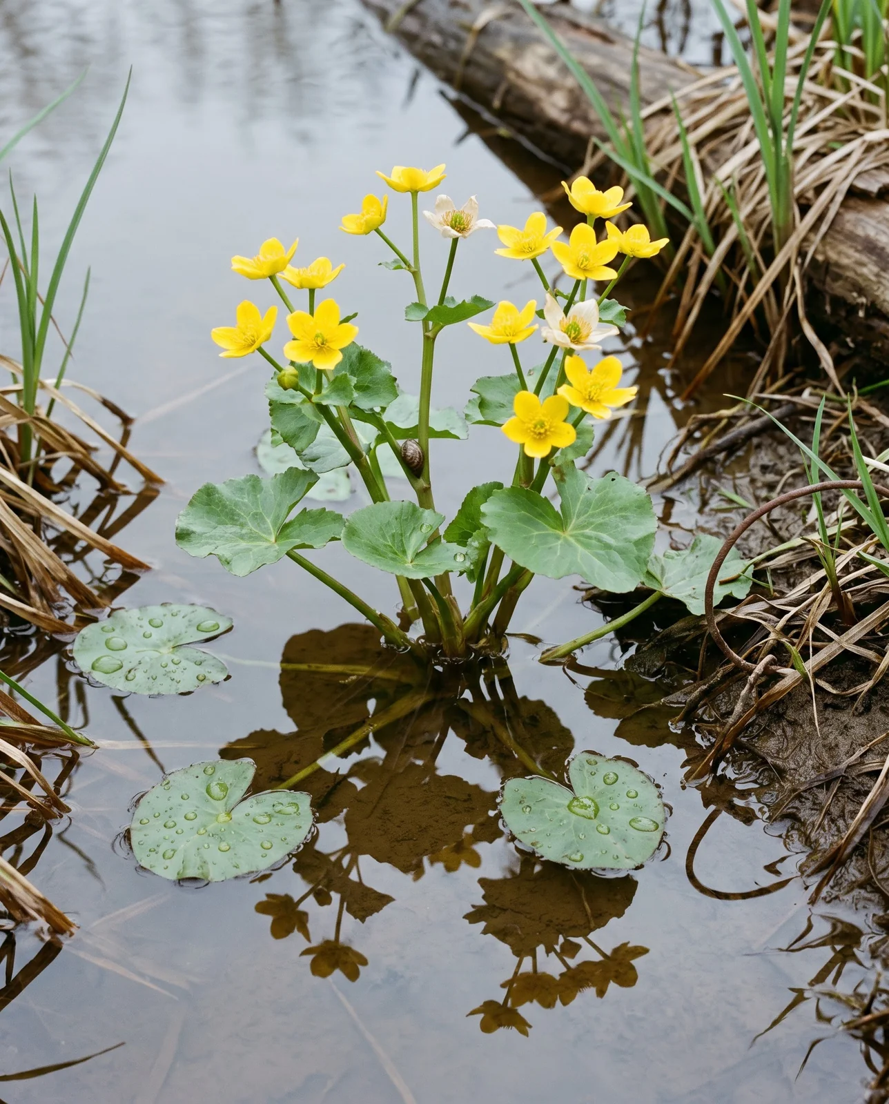 A marsh marigold clump growing straight out of standing water in a wooded ditch, glossy round leaves half submerged