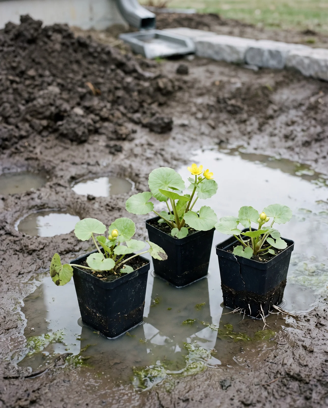 Three nursery pots of young marsh marigold standing on the wet mud of a new rain garden basin waiting to be planted