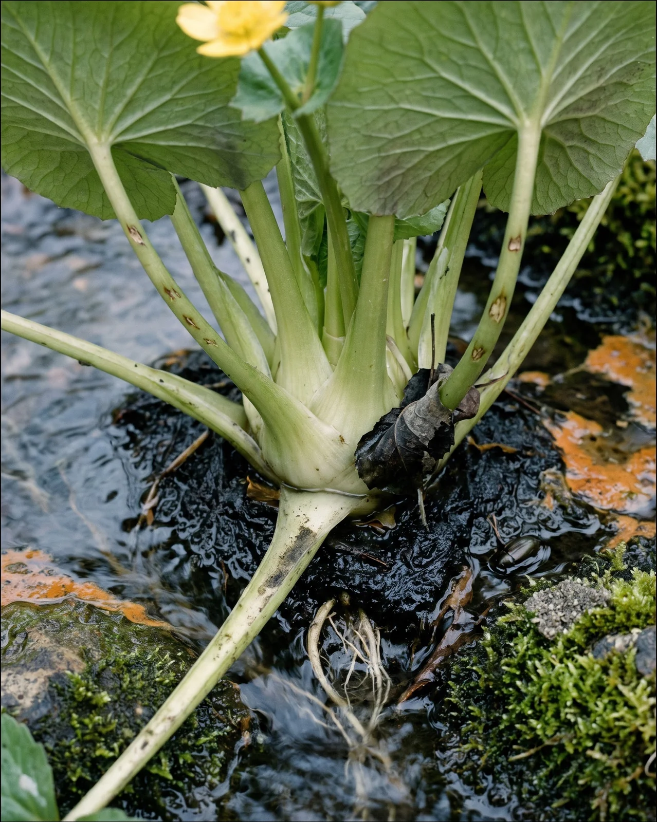 Close view of a marsh marigold crown sitting in saturated black muck with clear water standing between the leaf stalks