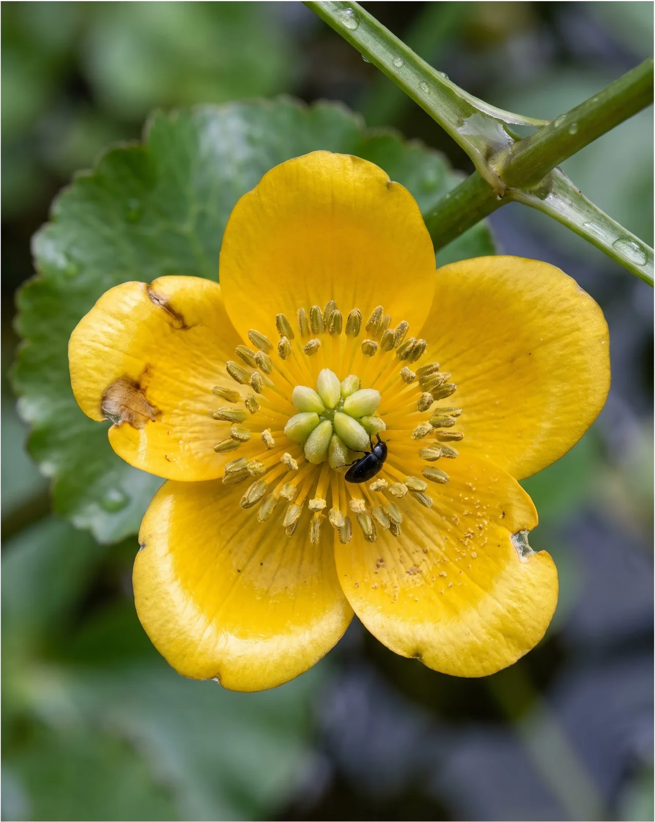 Macro of one waxy yellow marsh marigold flower showing its broad petal-like sepals and dense green gold stamen boss