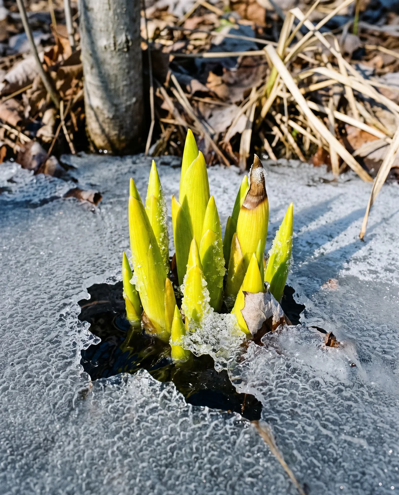 Tight new marsh marigold shoots pushing up through the last grey ice at a spring seep on a cold March morning