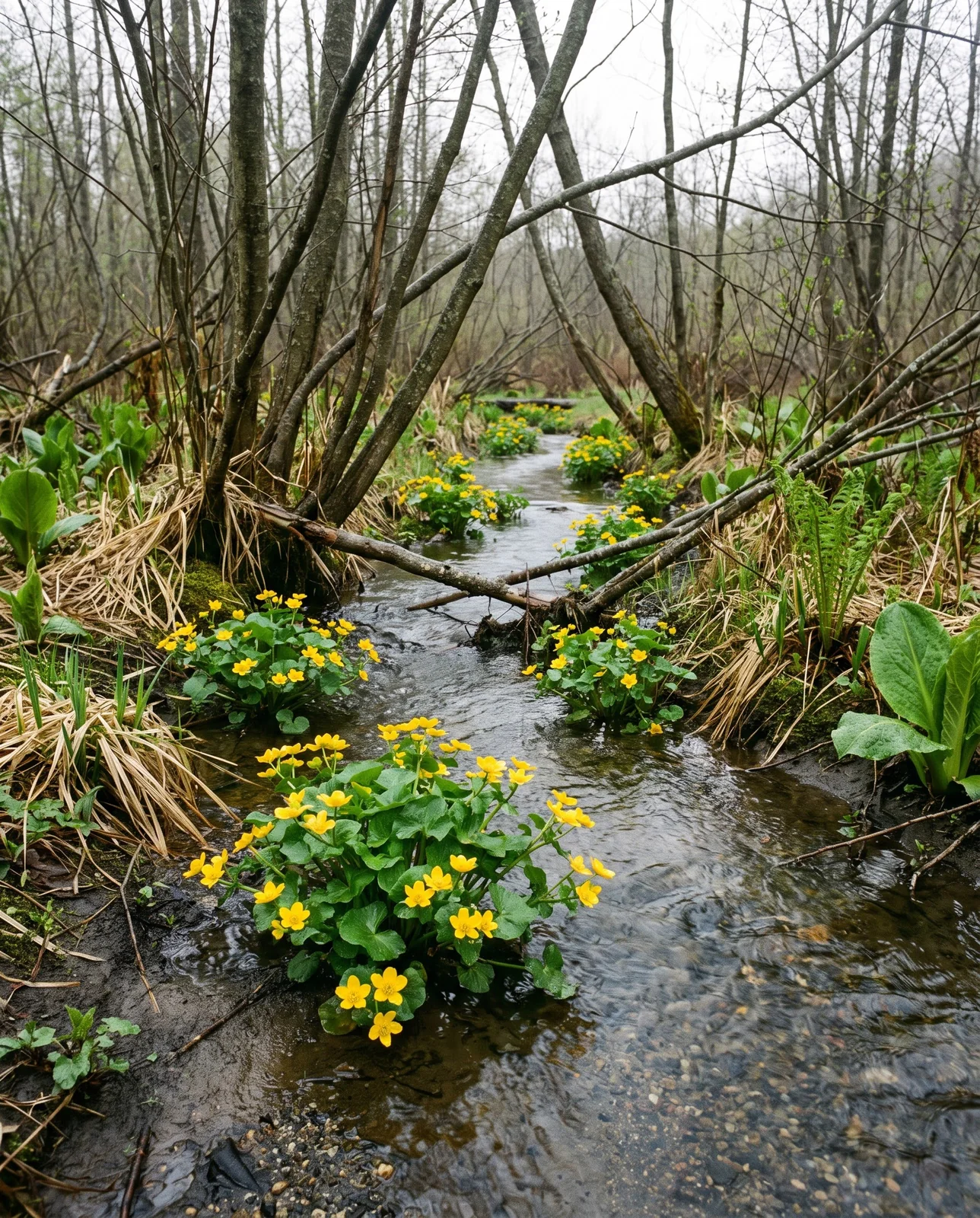 Marsh marigold clumps lining both sides of a small stream under bare alders after rain, roots in the running water