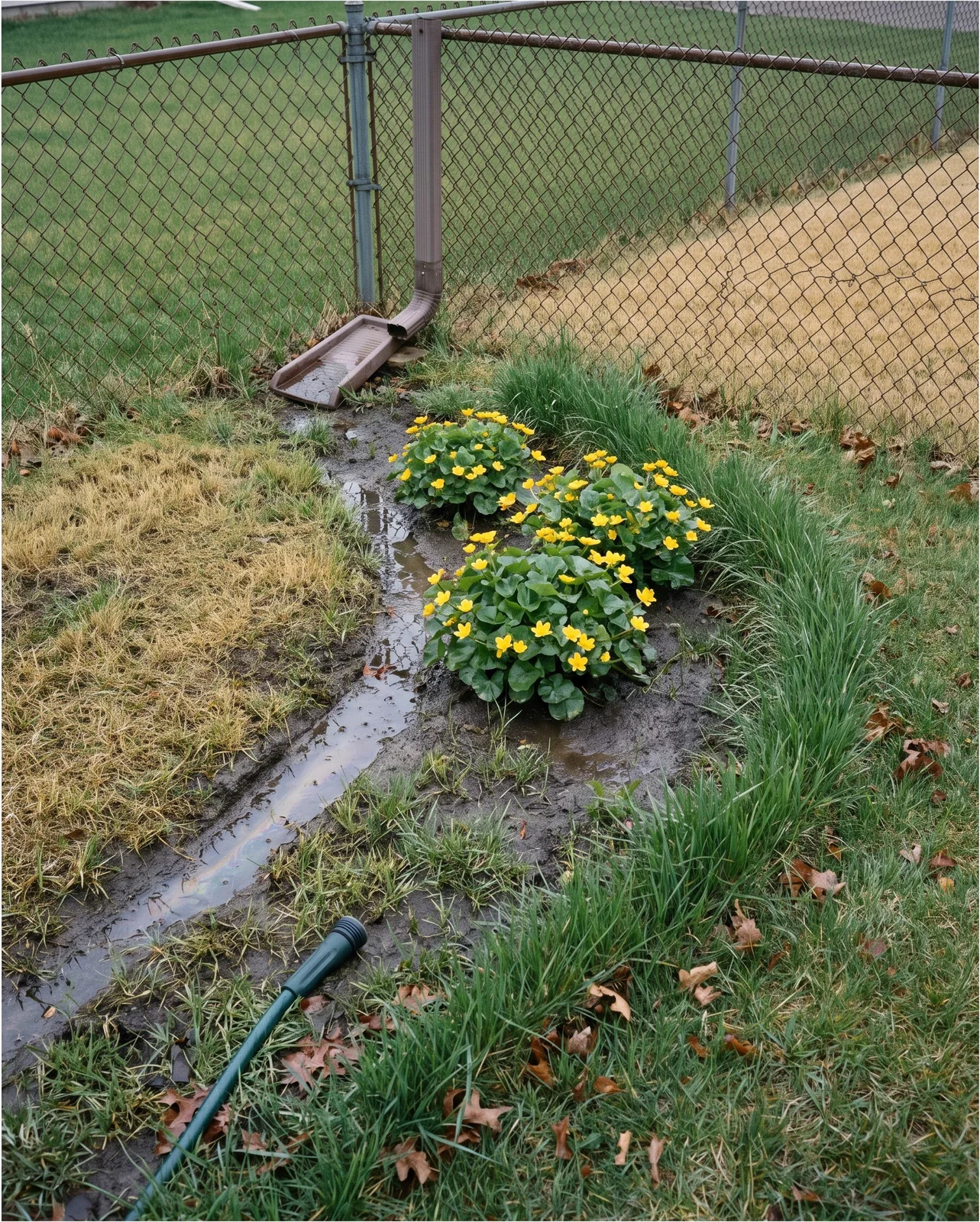 Marsh marigold flowering in a soggy low corner of a mown suburban lawn, with mower ruts holding standing water around it