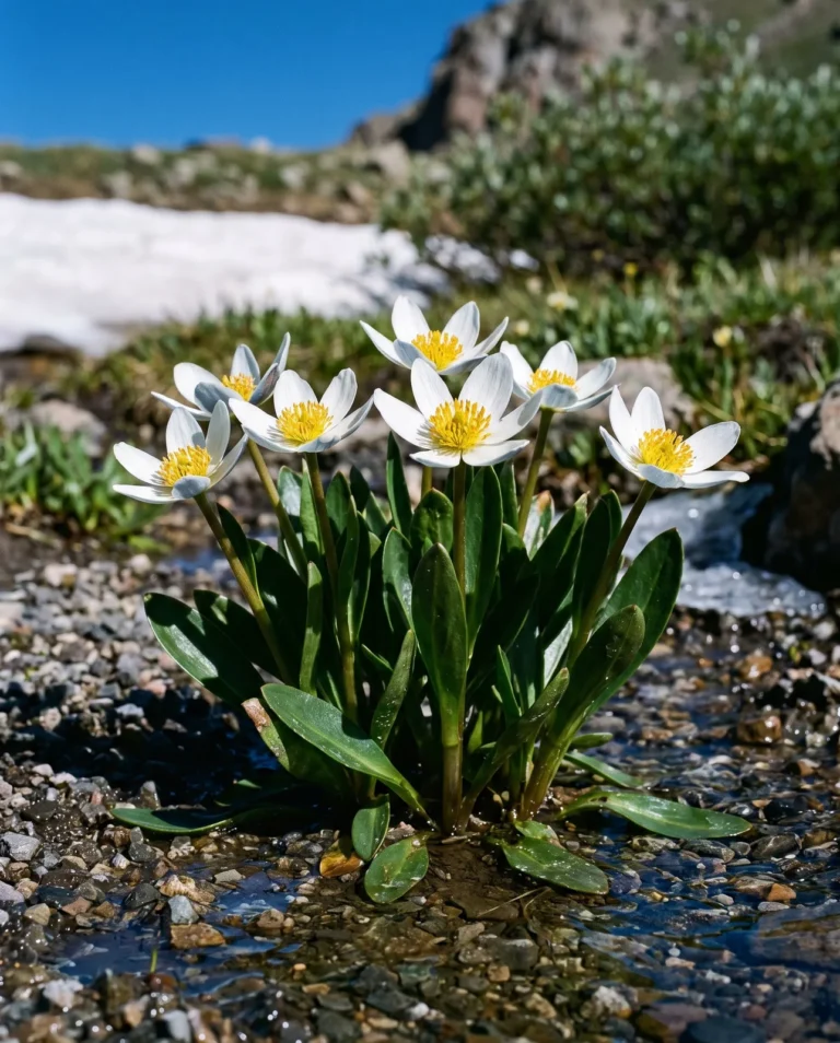 Portrait card of the western white marsh marigold Caltha leptosepala flowering in a snowmelt seep in high mountain light