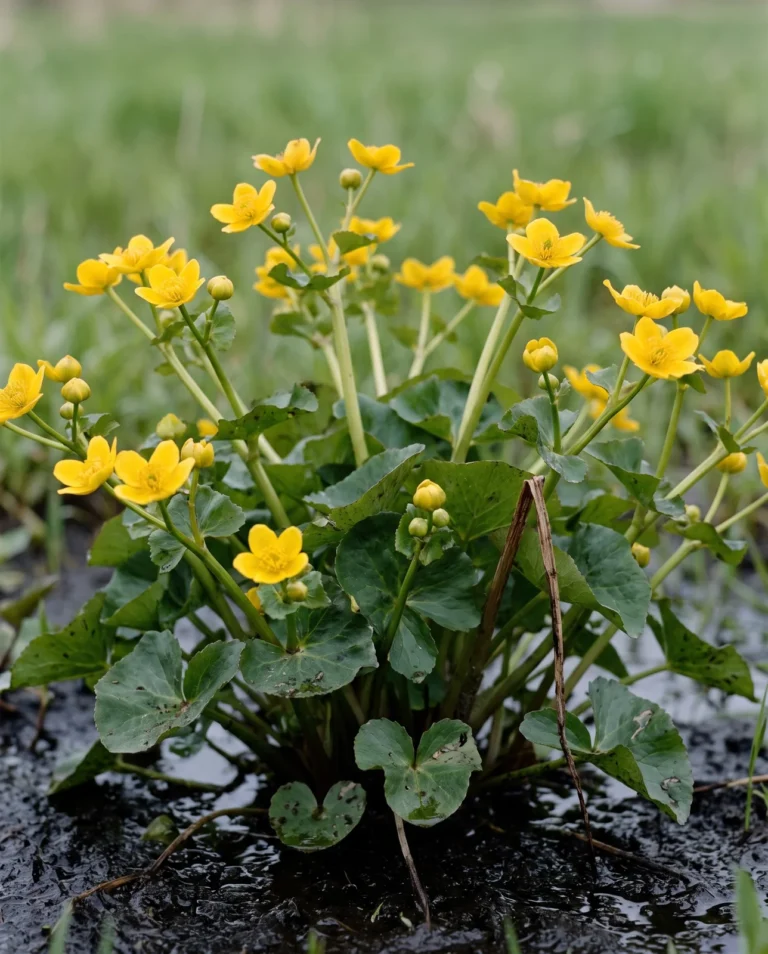 Portrait card of the straight species Caltha palustris, a mounded clump of round leaves under waxy single yellow flowers