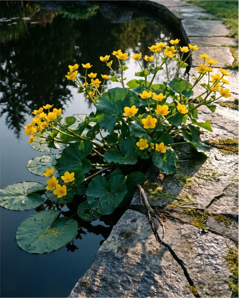 Portrait card of the giant marsh marigold Caltha polypetala, a much larger clump with big leaves sprawling over a stone pond edge