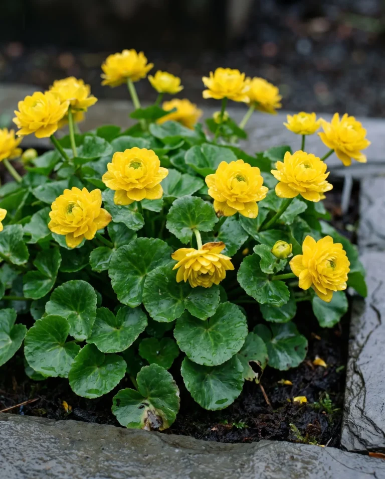 Portrait card of the double flowered Flore Pleno marsh marigold, its yellow flowers packed into tight rosettes of many sepals