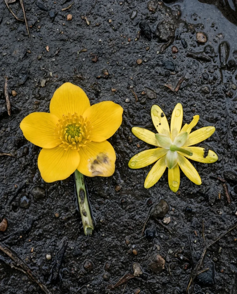 Two yellow flowers side by side on wet mud, a broad waxy marsh marigold cup and a narrow many petalled lesser celandine star