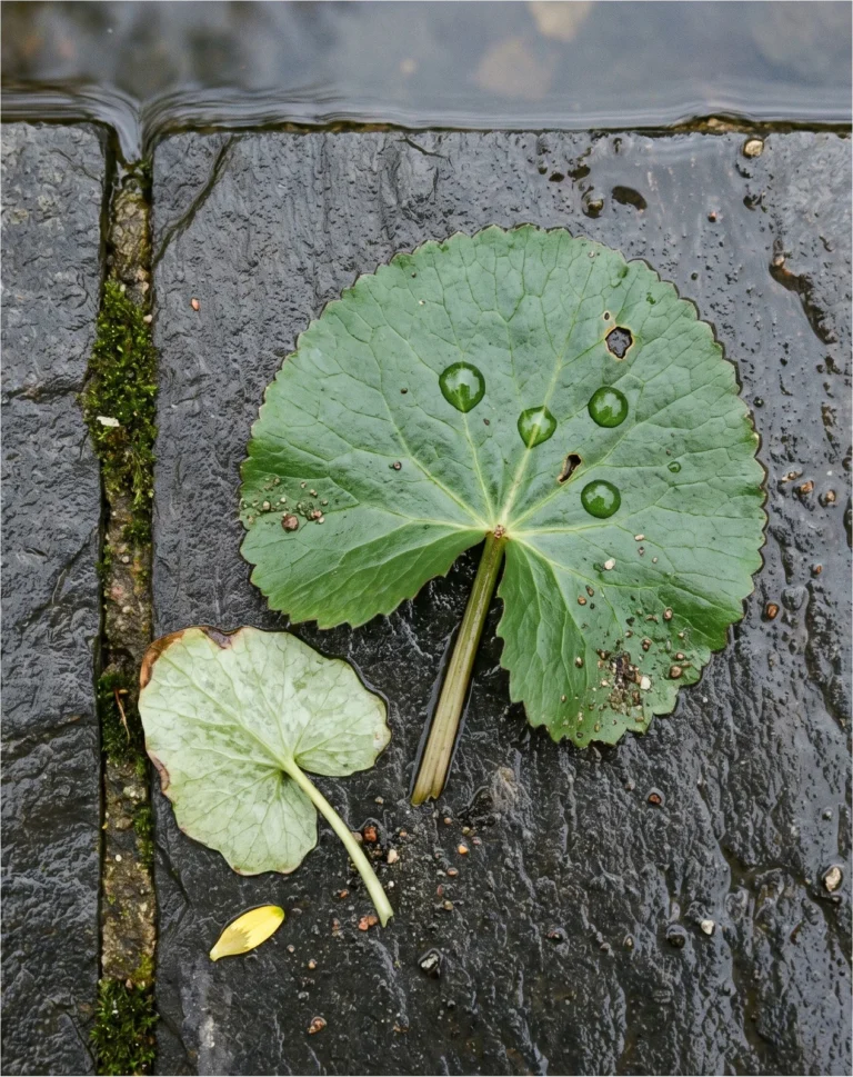 A large glossy round marsh marigold leaf lying on wet stone beside a much smaller heart shaped lesser celandine leaf