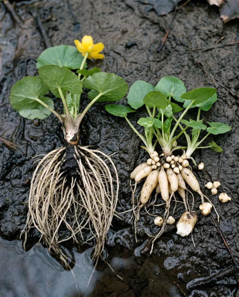 Two lifted clumps on wet mud, one with plain fibrous roots and one with pale finger like tubers and small bulbils