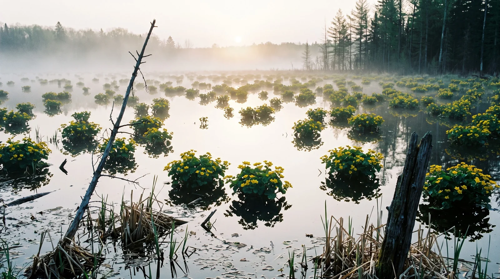 A wide misty view of a sedge fen with hundreds of yellow marsh marigold clumps standing in shallow water on a May morning