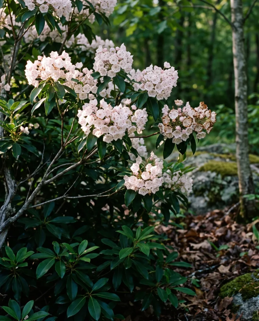 Mature mountain laurel in bloom at the edge of a Connecticut oak wood, upper crown lit, lower branches in shade
