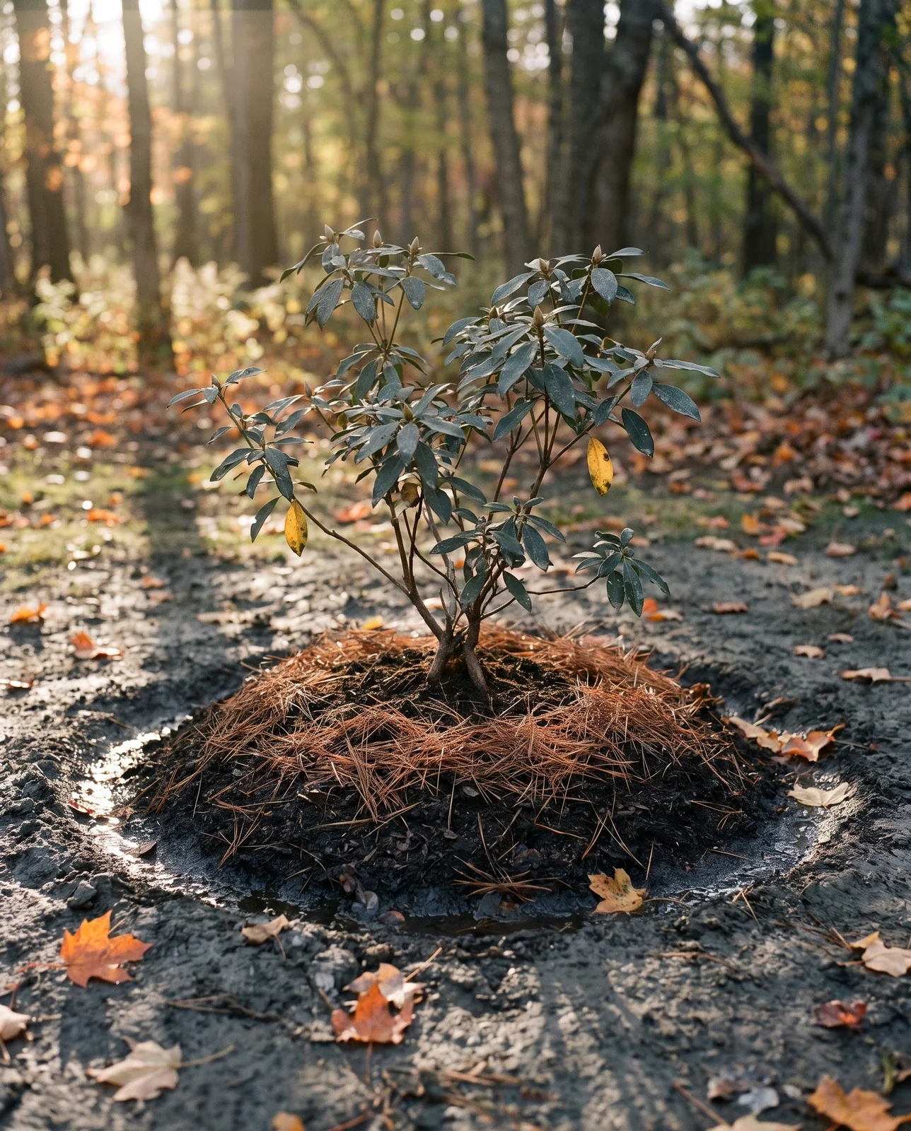 Newly planted mountain laurel set high on a raised mound of leafy soil with a watering saucer and pine straw