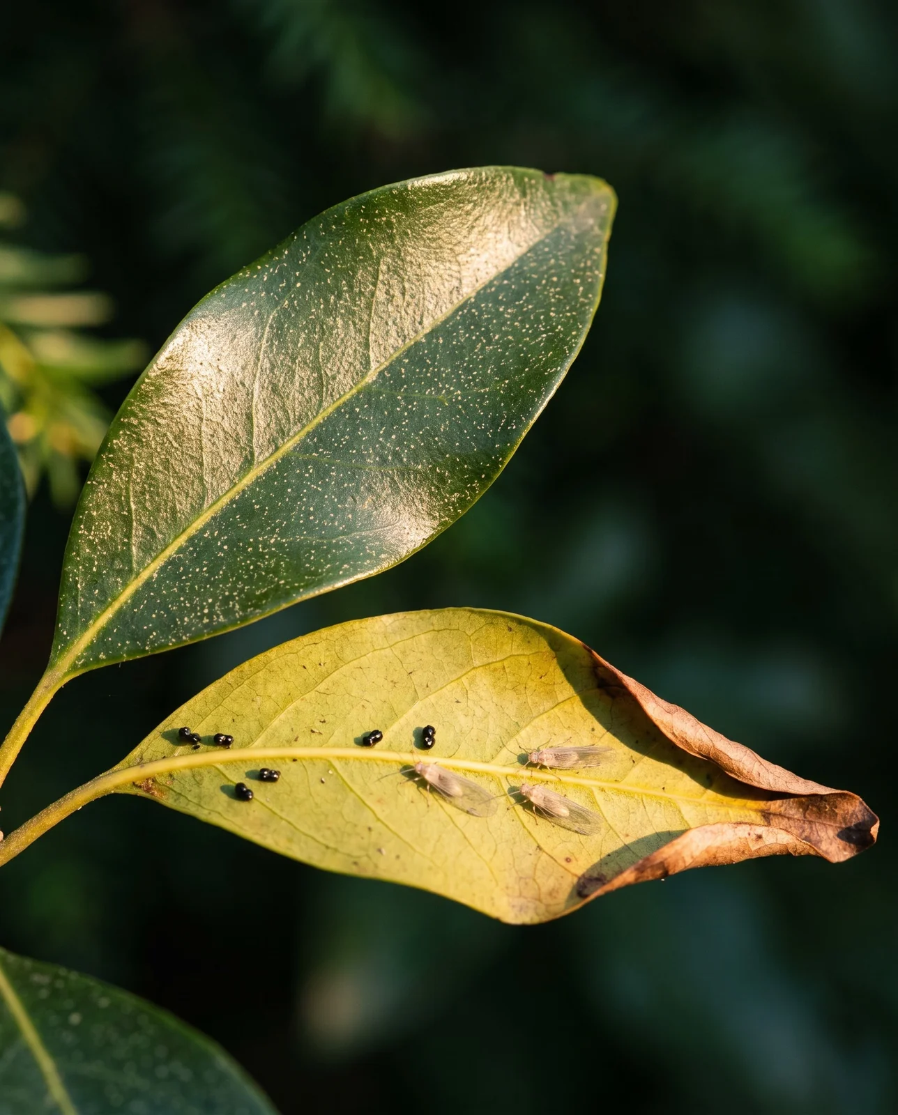 Mountain laurel leaf stippled pale from above with dark specks on the turned-over underside
