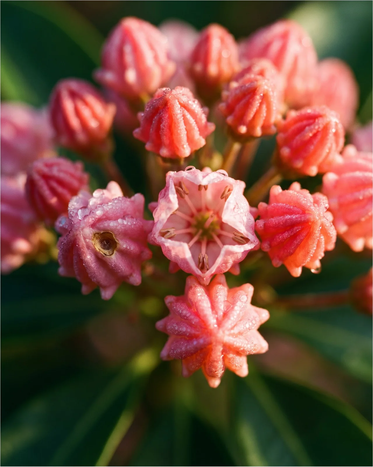 Macro of ribbed geometric mountain laurel buds with one flower opening, dew on the ribs