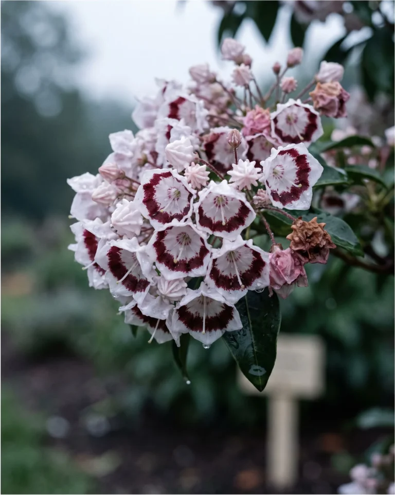 Two-tone mountain laurel Bullseye flowers, pale cups with a wide dark maroon centre ring