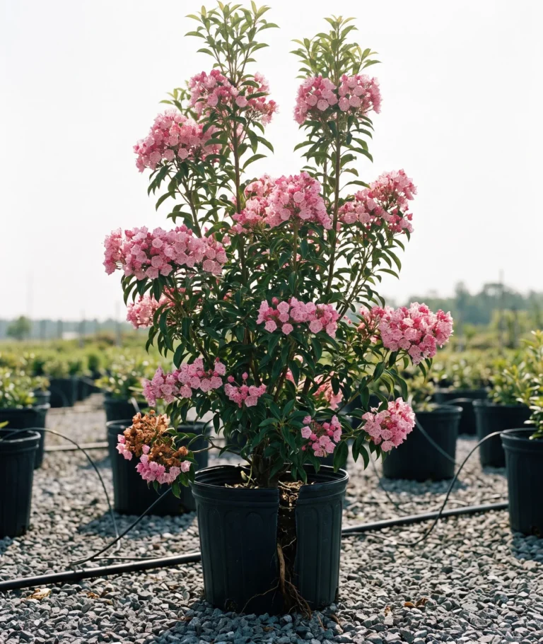 Upright fast-growing mountain laurel Carousel with dense pink bloom in a nursery holding yard