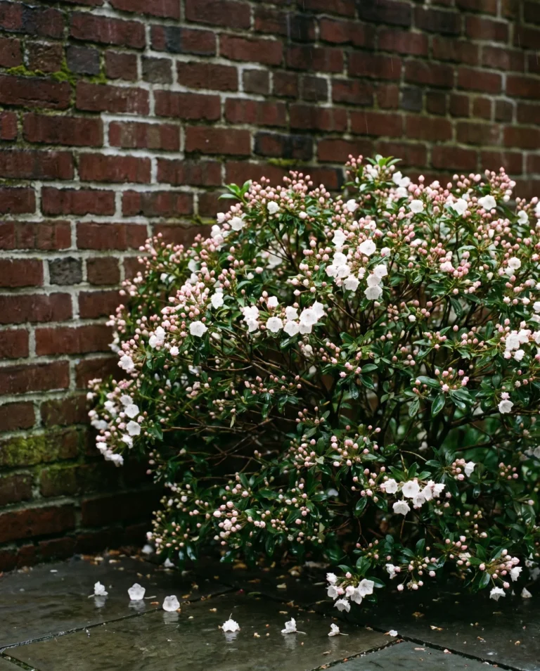 Dwarf mountain laurel Elf under three feet tall in a shaded courtyard bed, pink buds opening white
