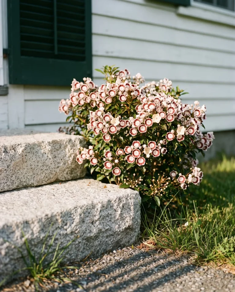 Dwarf mountain laurel Minuet with white cups banded in maroon beside a farmhouse granite step