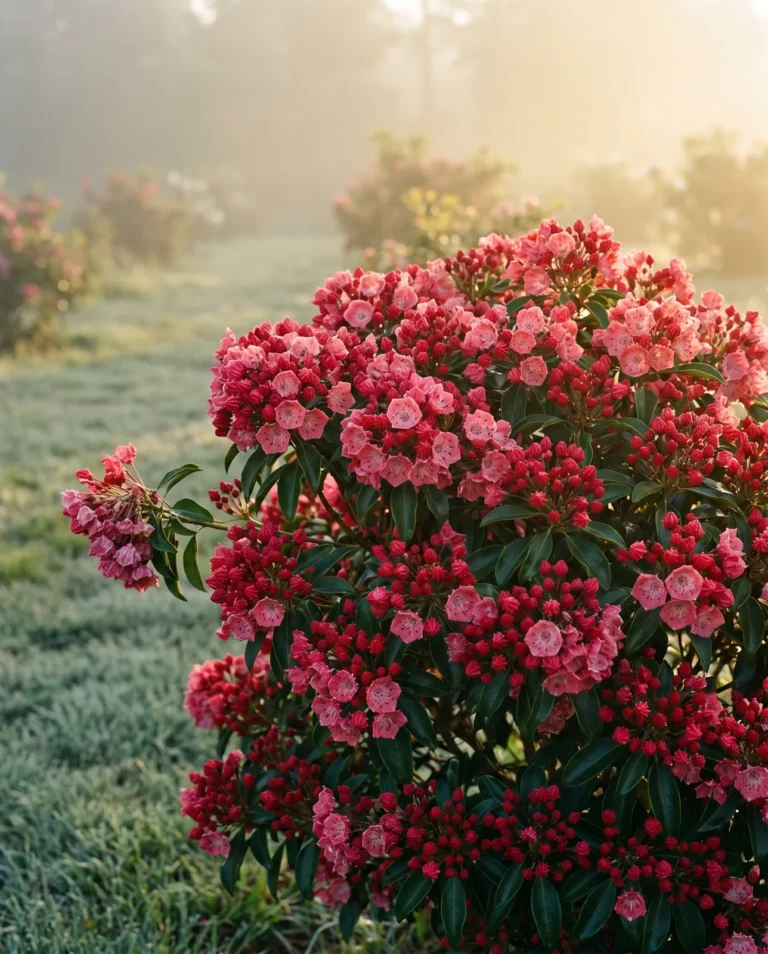 Mountain laurel Sarah in a nursery row, red buds opening to rich pink coral cups with dark dots