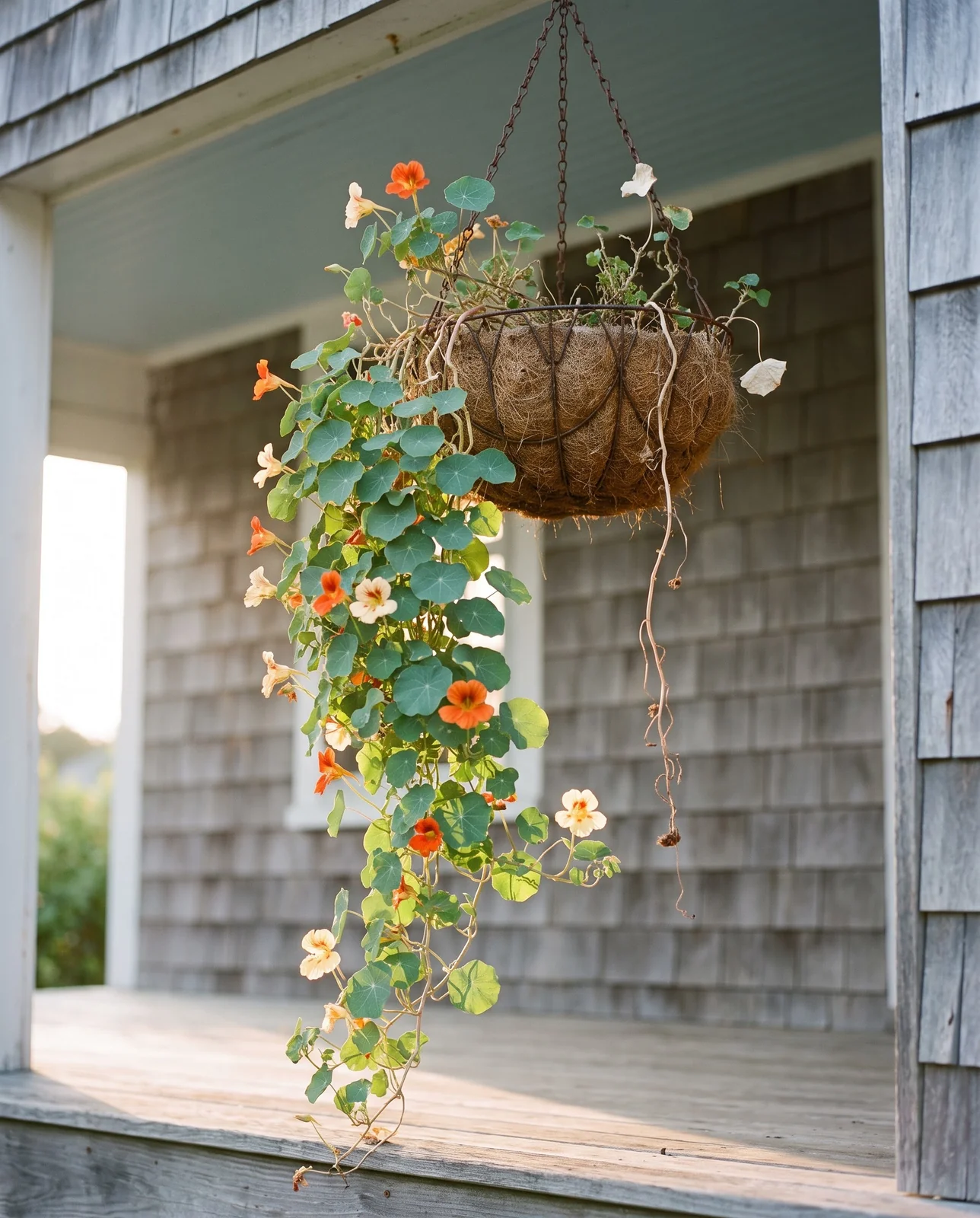 A hanging basket of trailing nasturtiums on a shingled porch with stems falling well below the rim