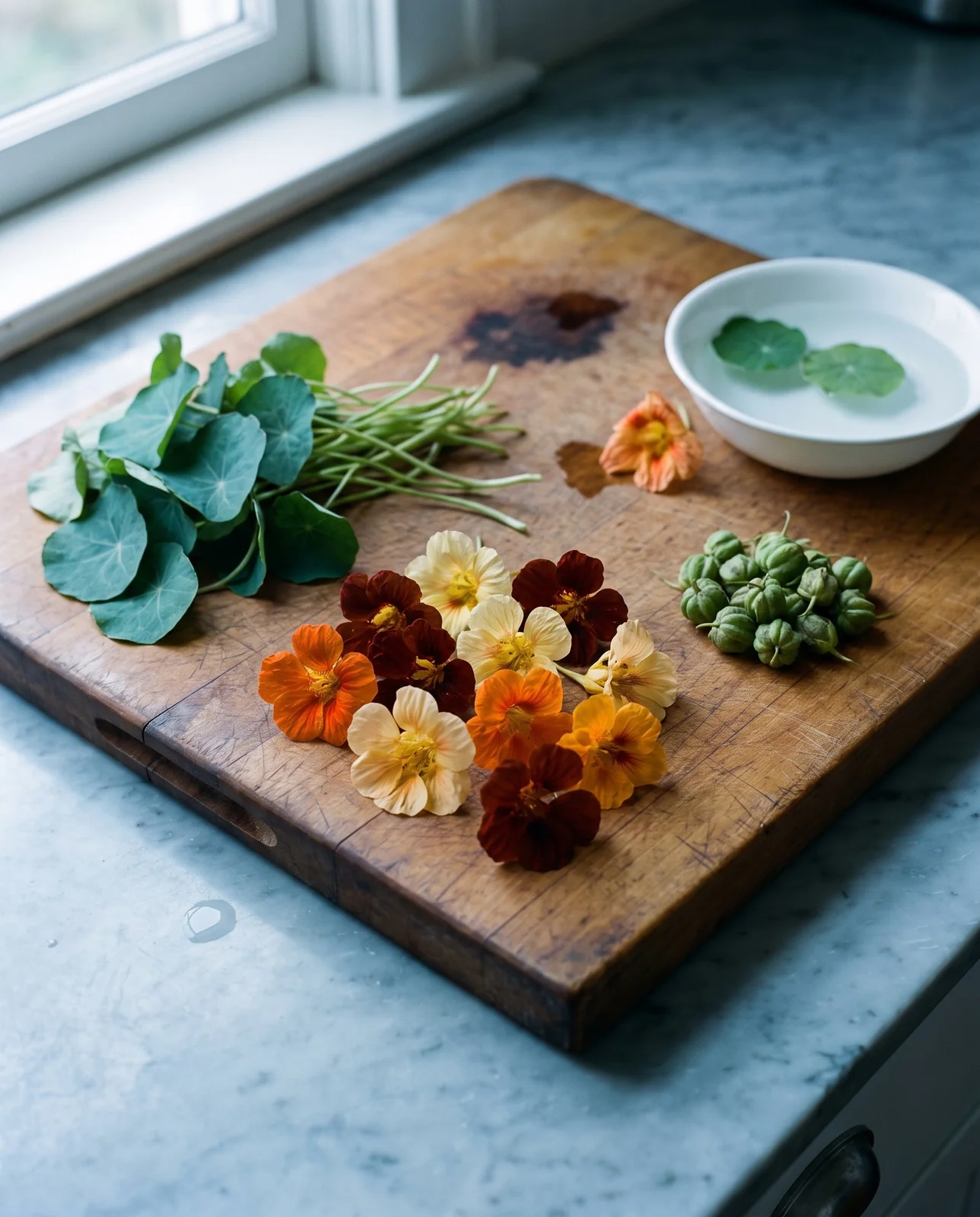 Nasturtium leaves, flowers and green seed pods laid out on a wooden board on a marble kitchen counter