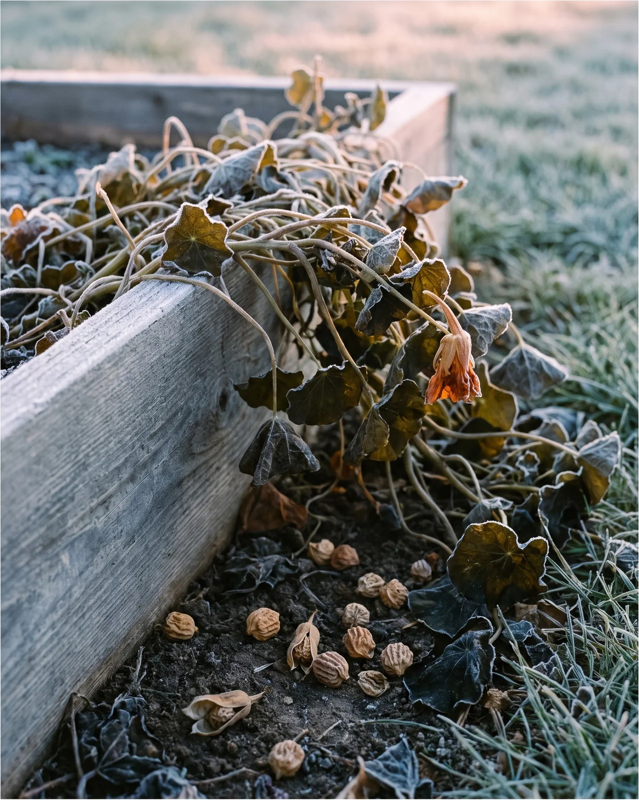 Nasturtiums blackened and collapsed the morning after a hard frost, with dry tan seeds lying on the soil beneath