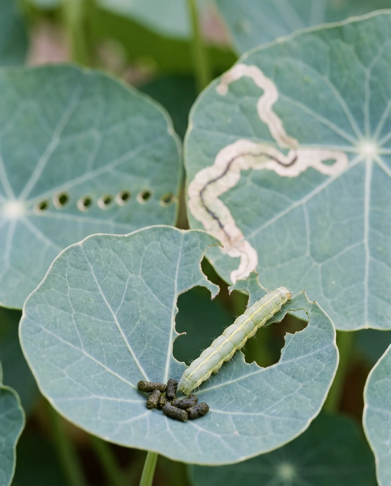 A green caterpillar chewing a hole through a nasturtium leaf beside a leaf showing a pale winding leaf miner trail