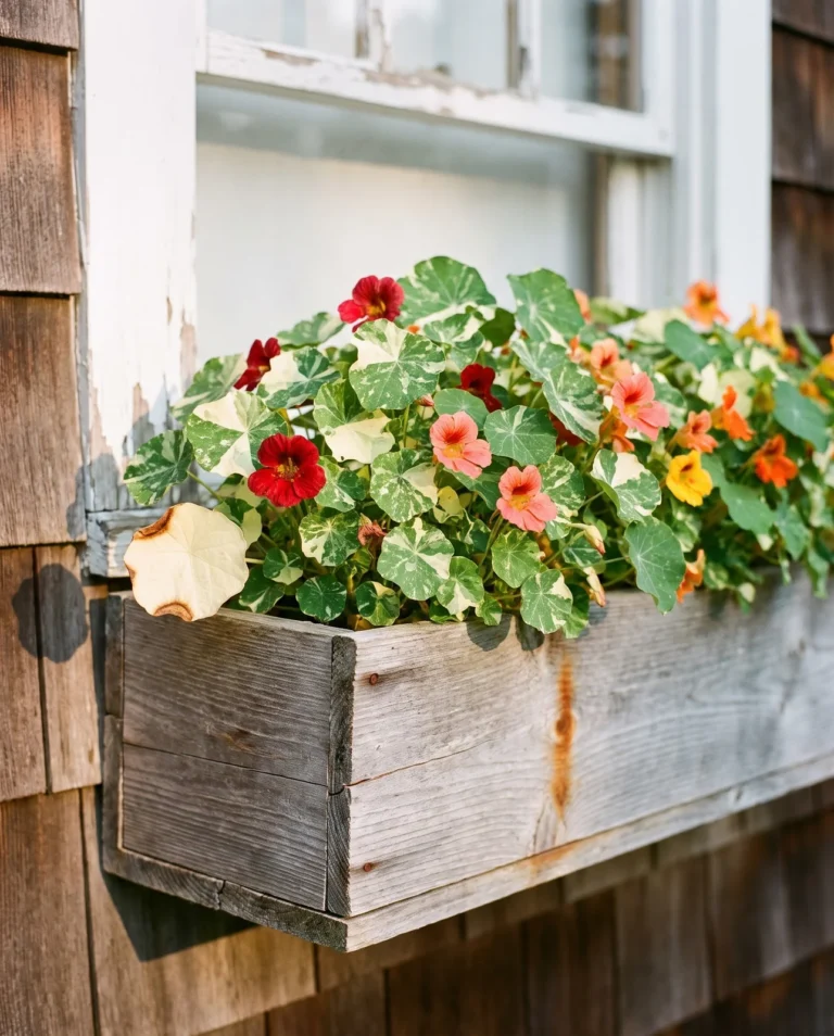 'Alaska' nasturtiums in a window box showing leaves mottled and streaked cream over green with mixed flower colors