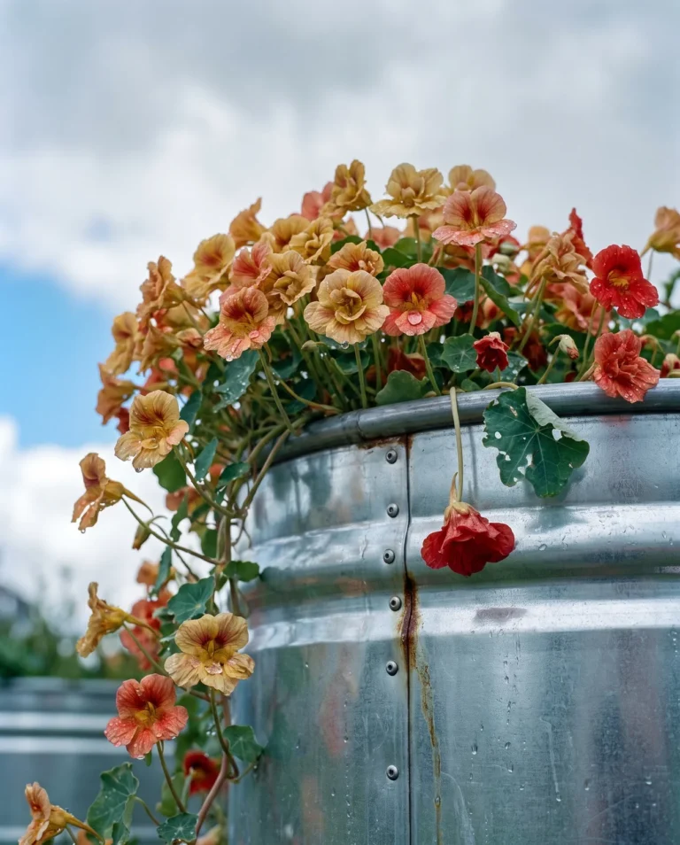 'Double Gleam' nasturtiums with double flowers pouring over the rim of a galvanized stock tank as a semi-trailing plant