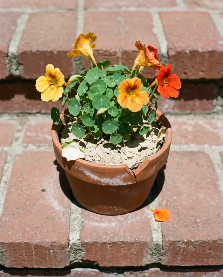 Dwarf 'Tom Thumb' nasturtiums under nine inches tall in a small clay pot, with large yellow, red and orange blooms