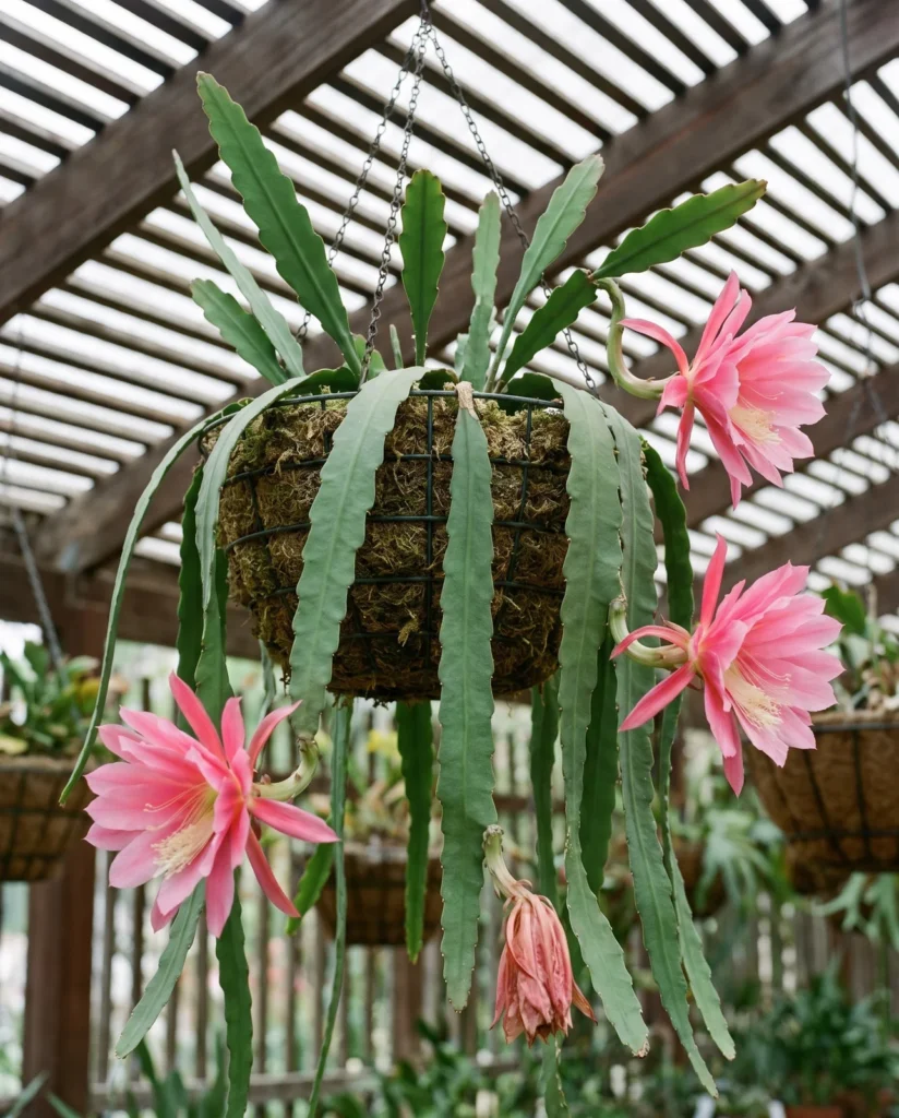 A mature orchid cactus in a hanging wire basket under a redwood lath roof, three large rose-pink funnel flowers open on long trailing flat stems