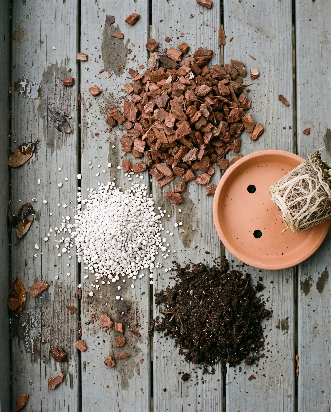 Straight down onto heaps of coarse orchid bark, white perlite and dark leafy mix beside an empty plain clay pan on scrubbed boards