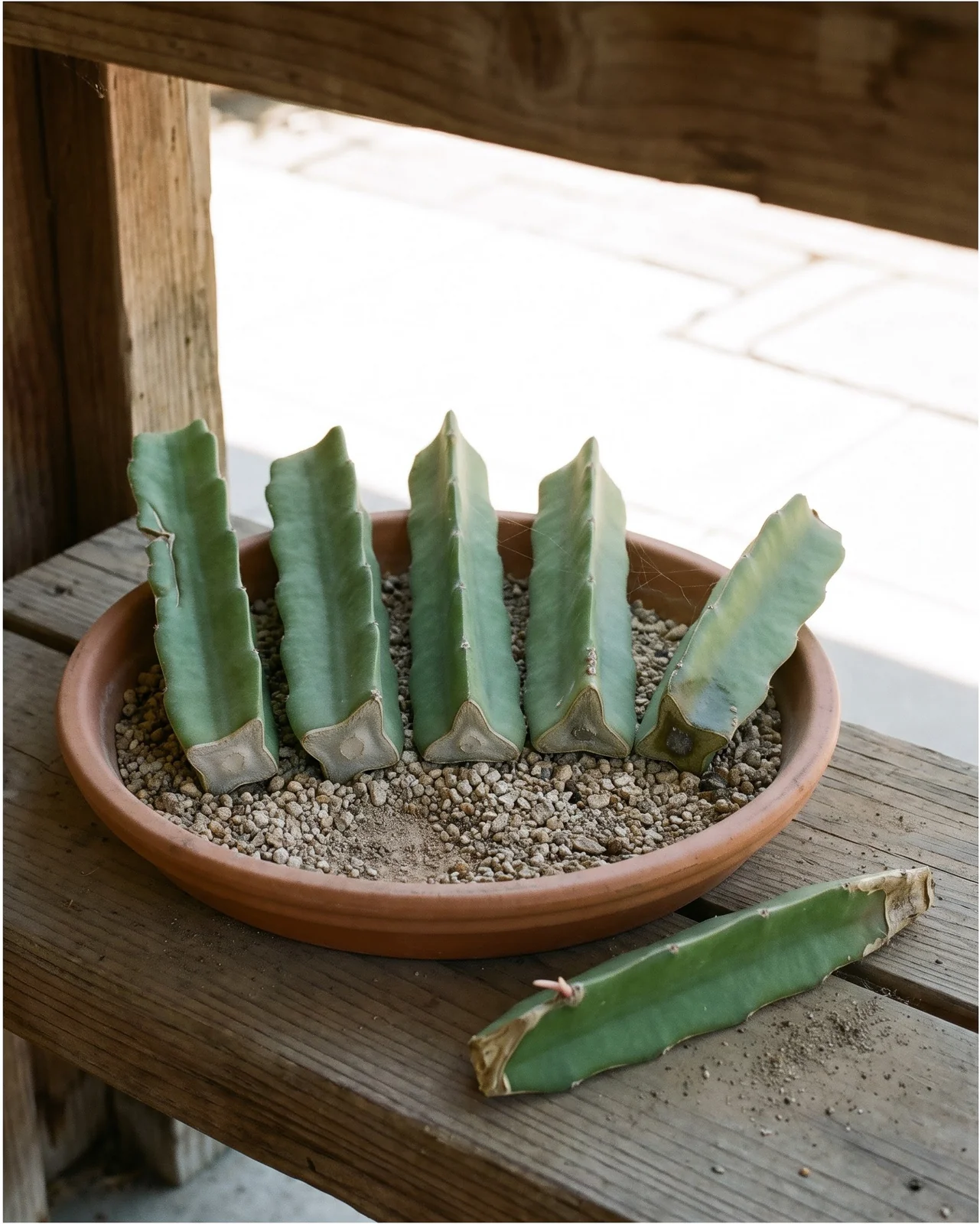 Six cut orchid cactus stem sections standing upright in a dry clay pan of grit, their cut faces dried to hard pale scars