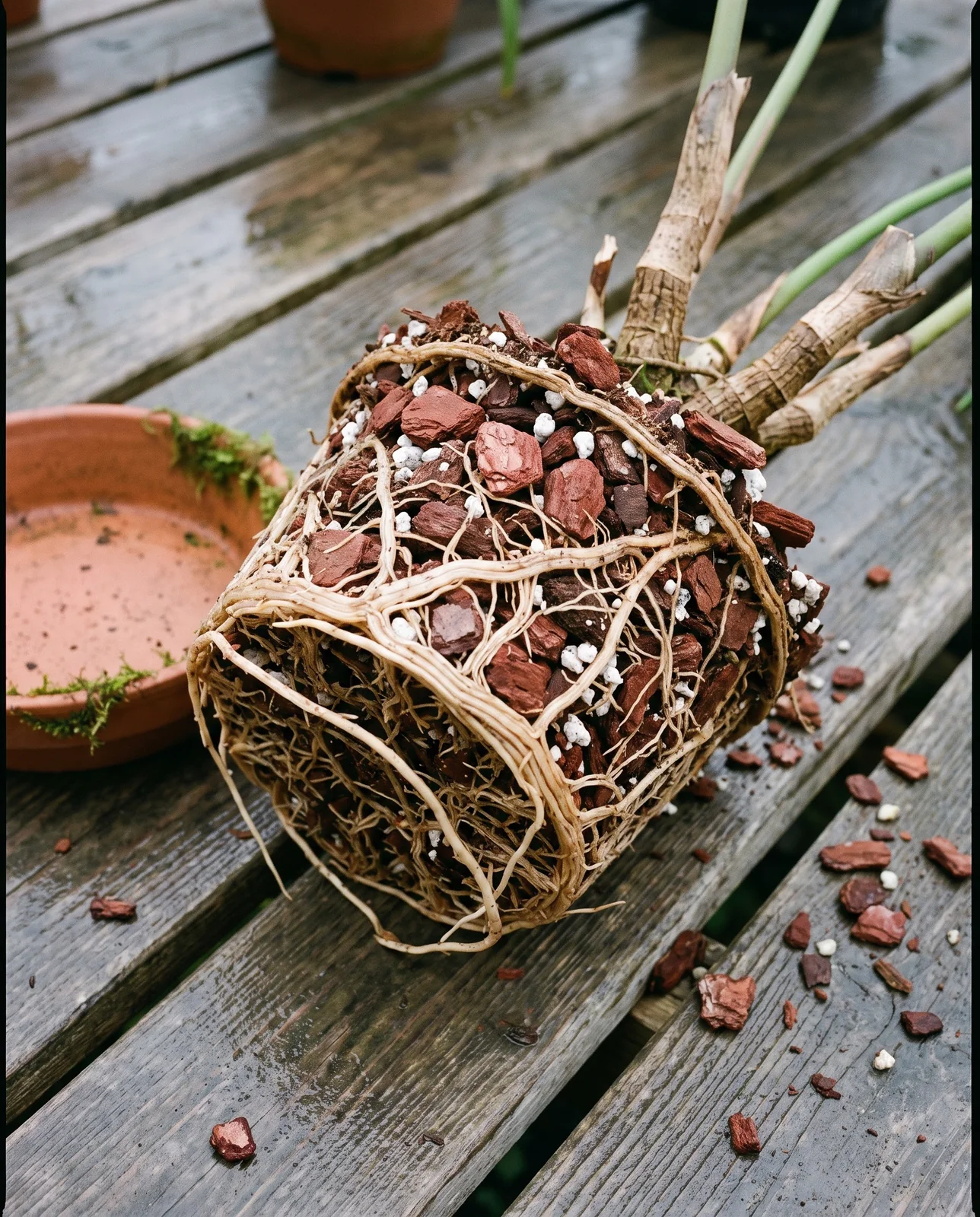 An orchid cactus slid intact out of its clay pan on a wet bench, showing an open bark root ball threaded with firm pale roots