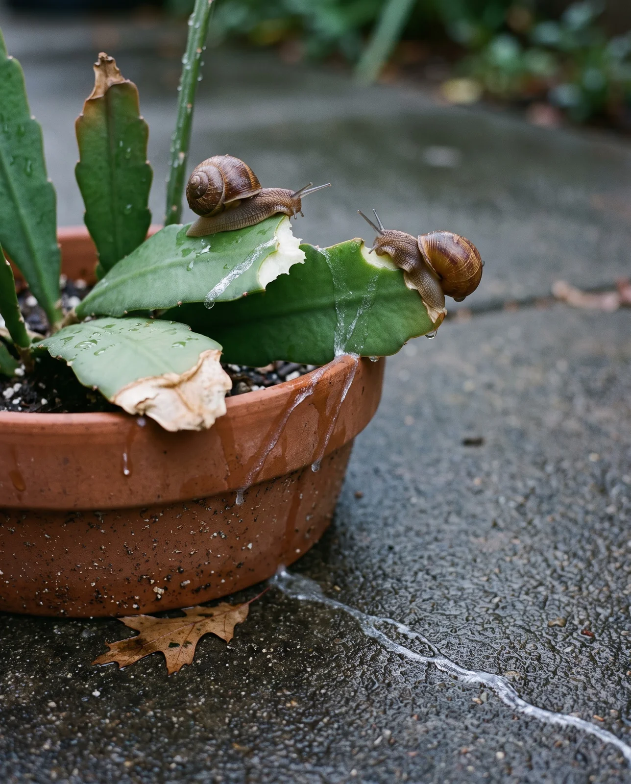 Two brown garden snails feeding on the edge of a flat orchid cactus stem at dawn, silver trails running down onto wet concrete