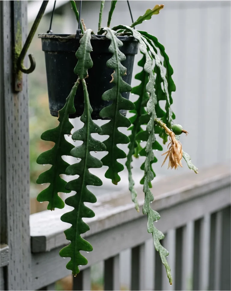 A fishbone cactus with deeply zigzag lobed stems hanging from a wall bracket, one spent white night flower folded on a stem