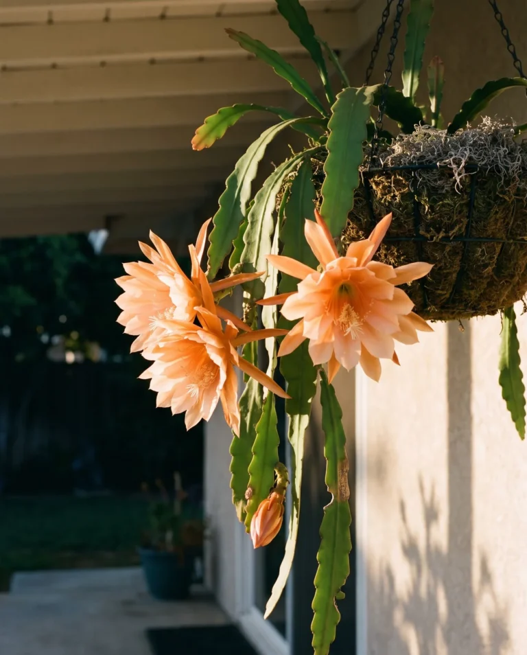 Two large peachy apricot-orange flowers of King Midas open on long cascading stems falling from a basket on a covered patio
