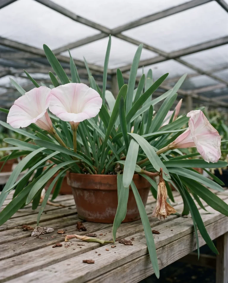 A large-flowered orchid cactus hybrid carrying only three enormous flowers on a plant of forty stems, one already going limp