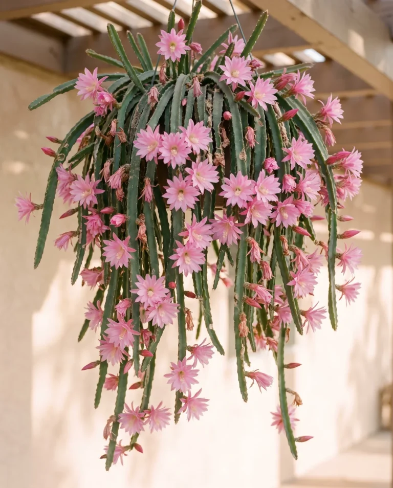 A small-flowered orchid cactus smothered in dozens of two-inch pink flowers open all along the edges of every stem