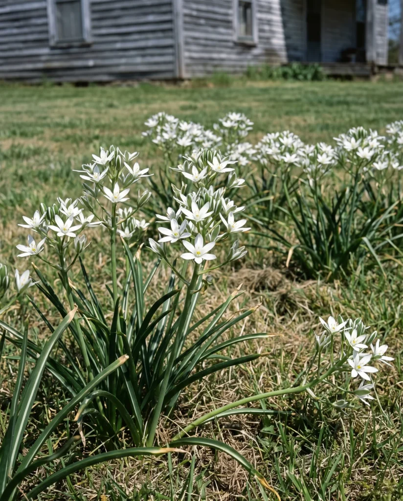A colony of white star-of-Bethlehem in flower in a mown lawn at midday, each flower showing a green stripe on the outside of its tepals