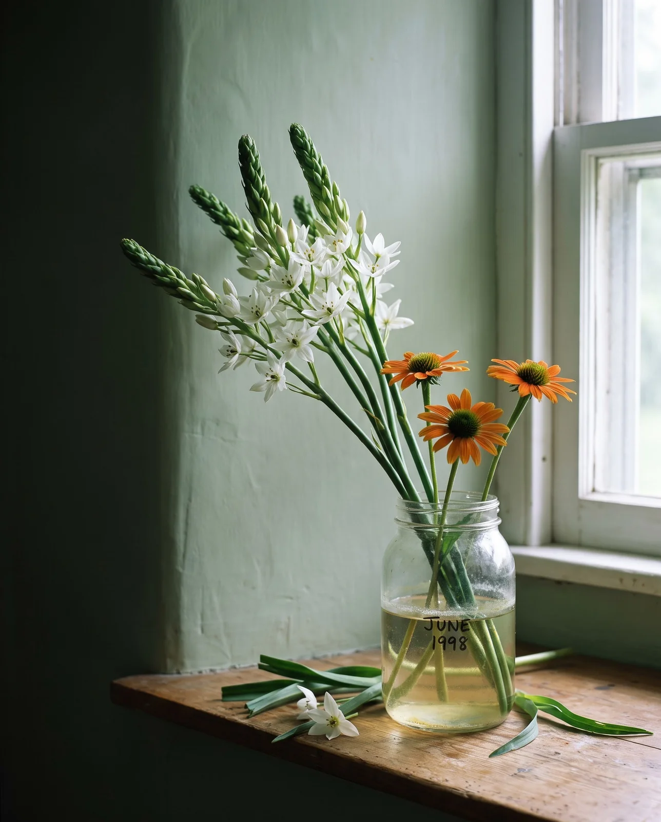 Cut white and orange ornithogalum stems standing in a glass jar in a cool pantry, every stem bent toward the side window