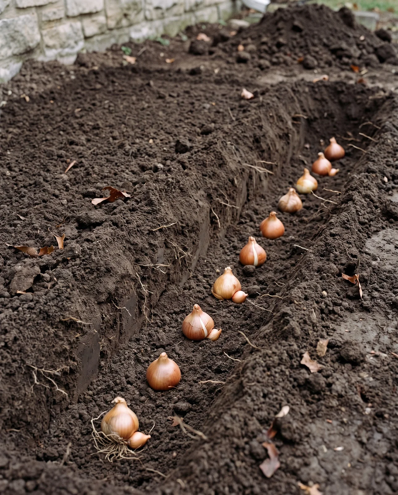Pale bulbs set nose-up and evenly spaced in the bottom of an open planting trench in dark autumn soil