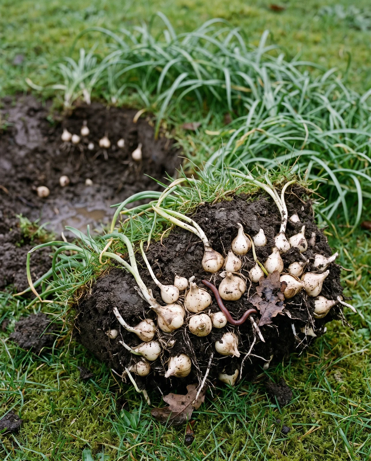 A turned over clod of lawn turf lying on the grass, showing a crowded nest of pale bulbs and tiny bulblets in the soil