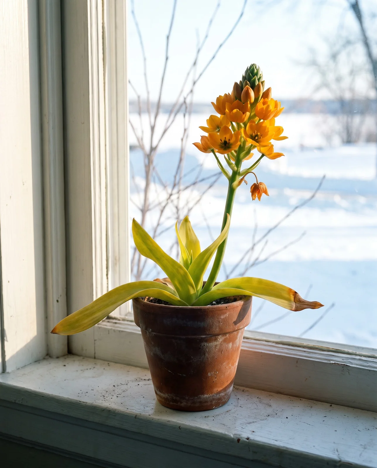 An orange sun star in a terracotta pot on an east windowsill with snow outside, its dense head of orange flowers turned to the glass