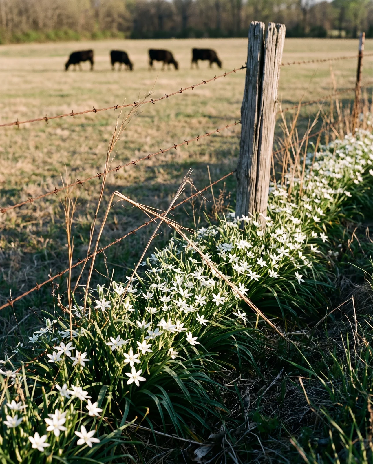A dense white colony flowering along a barbed wire pasture fence with black cattle grazing far off in the cropped field beyond