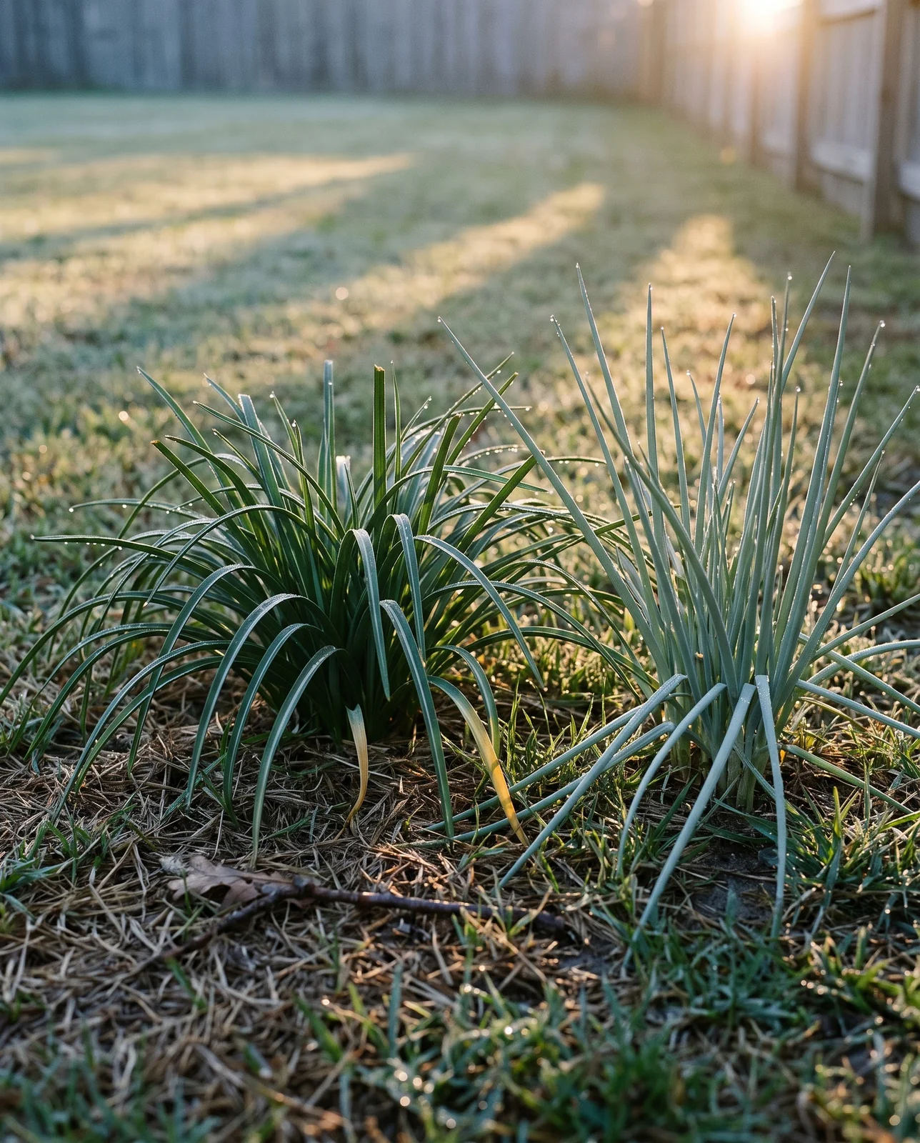 Arching dark leaves with white midribs beside upright round wild garlic tufts in dewy lawn grass at dawn