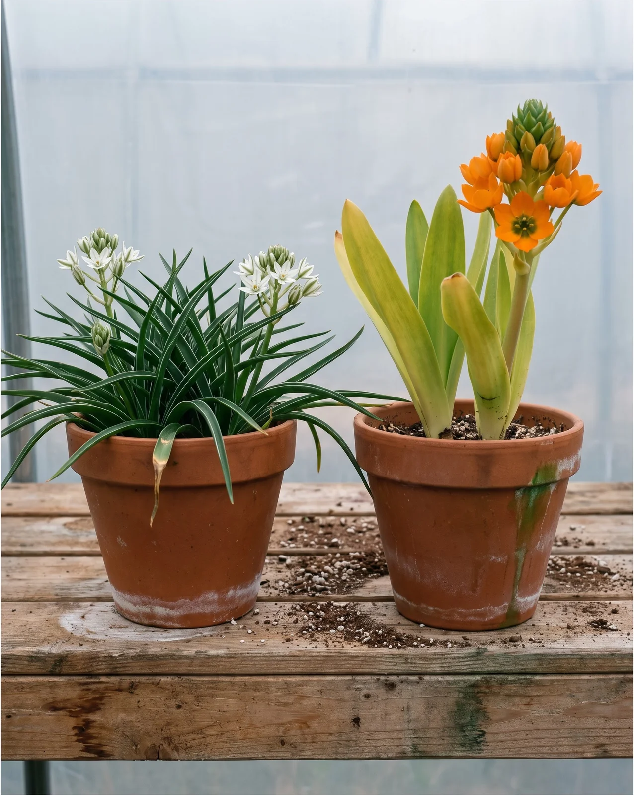 Two terracotta pots side by side on a nursery bench, one holding grassy white-striped leaves and white stars, the other broad leaves and an orange head