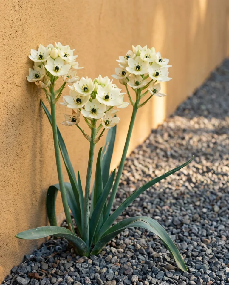 Portrait card of Ornithogalum arabicum, tall white flowers each with a glossy black green ovary at the centre, over blue green leaves